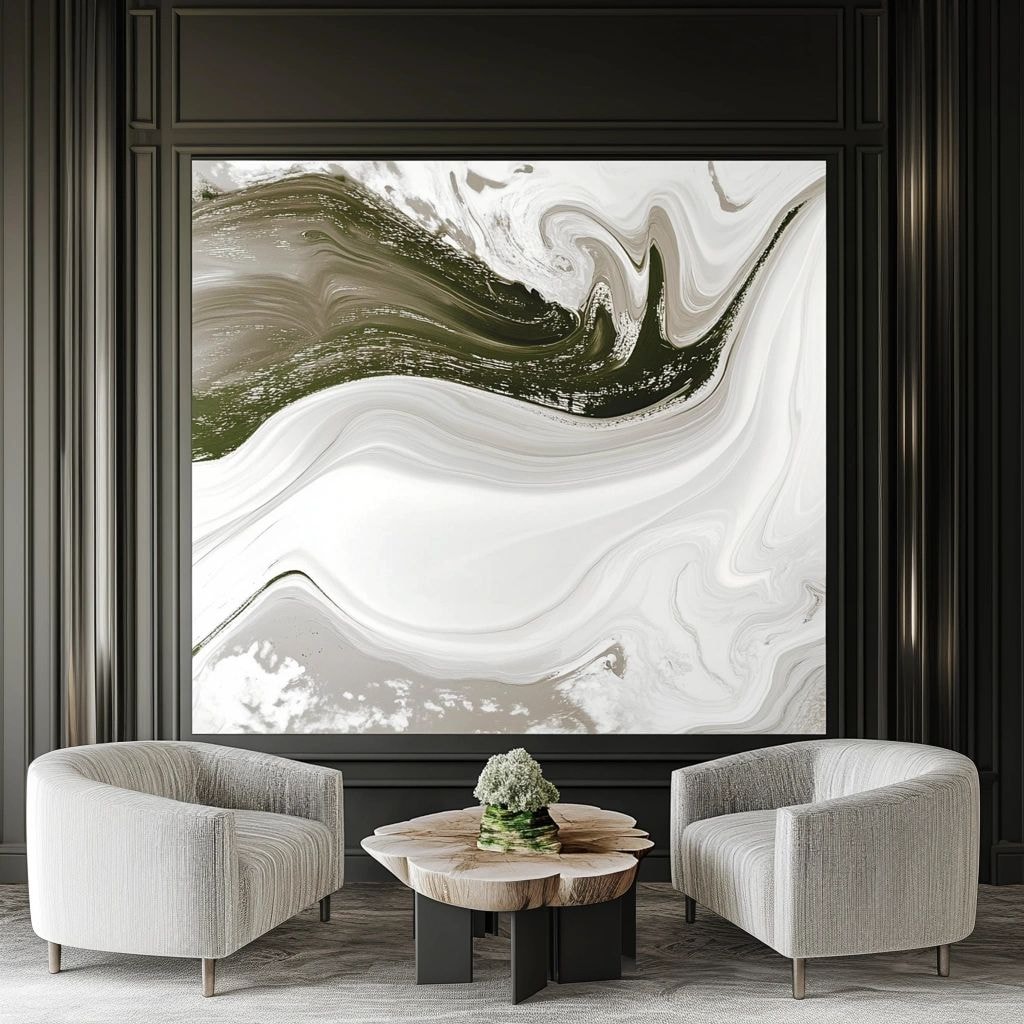 Olive wave artwork in a dark paneled interior