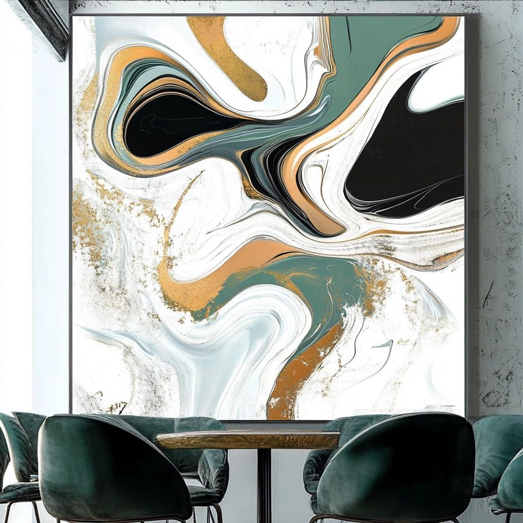 Teal, black, and gold fluid artwork in a modern dining room