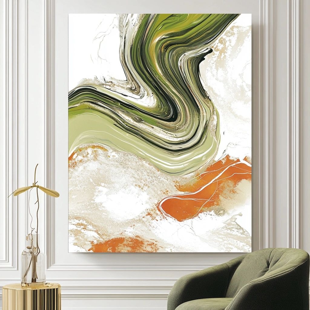 Olive and orange marbled artwork in a white paneled room