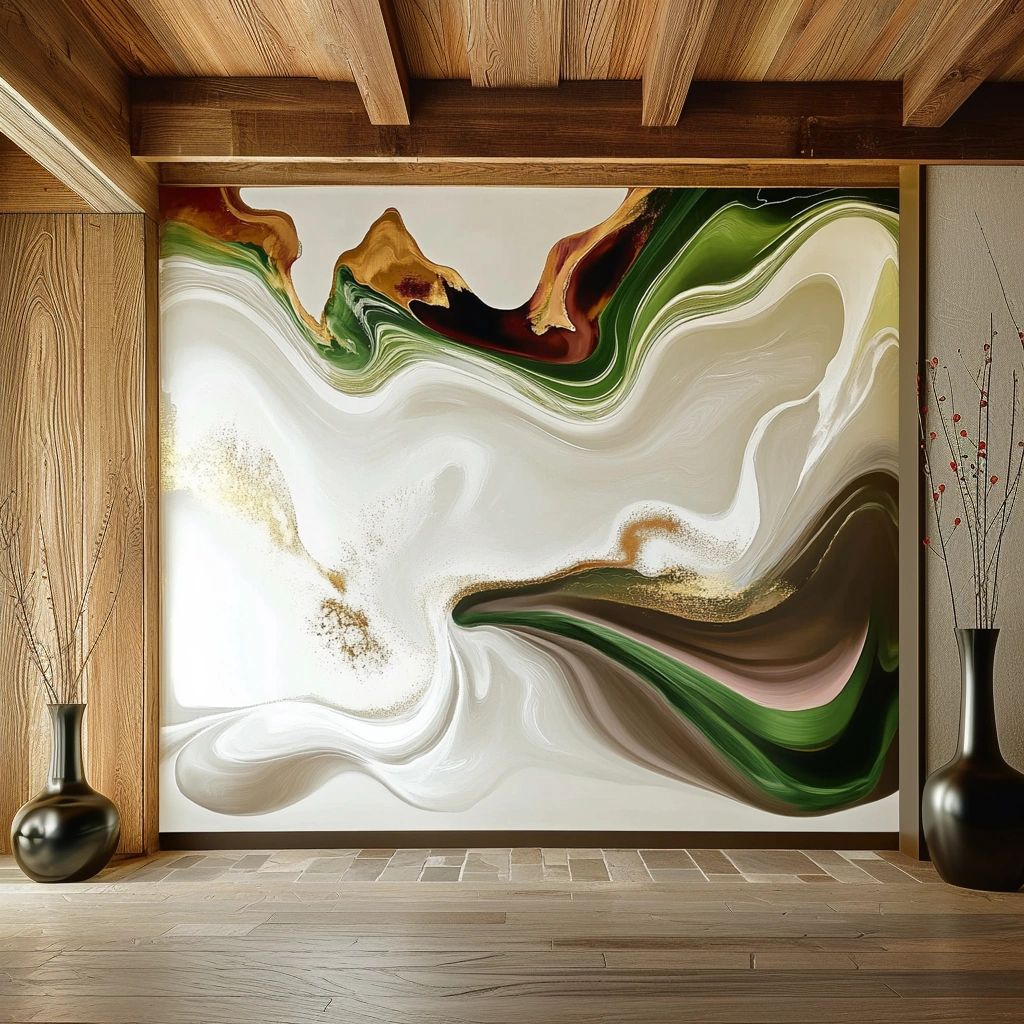 Green, brown, and gold fluid artwork in a warm wood interior