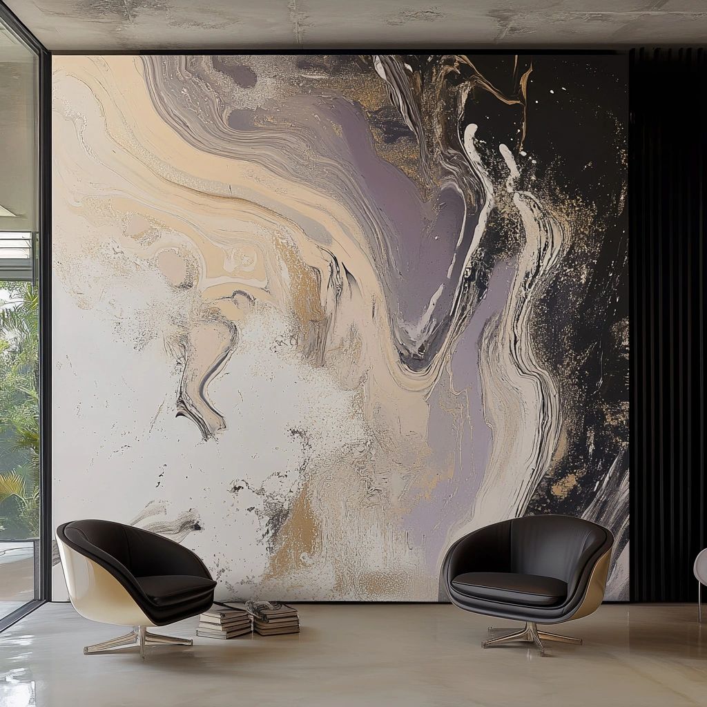 Cream and lavender fluid artwork in a contemporary lounge